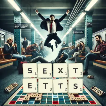 Creative illustration for a Scrabble game with the word SEXTETTS spelled out in tiles on the board.