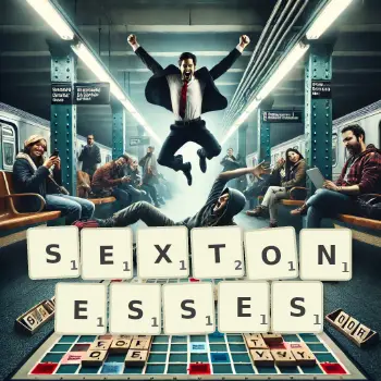 Creative illustration for a Scrabble game with the word SEXTONESSES spelled out in tiles on the board.