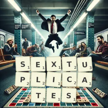 Creative illustration for a Scrabble game with the word SEXTUPLICATES spelled out in tiles on the board.