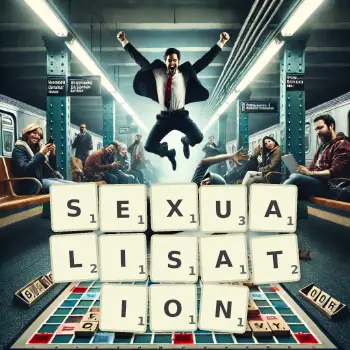 Creative illustration for a Scrabble game with the word SEXUALISATION spelled out in tiles on the board.