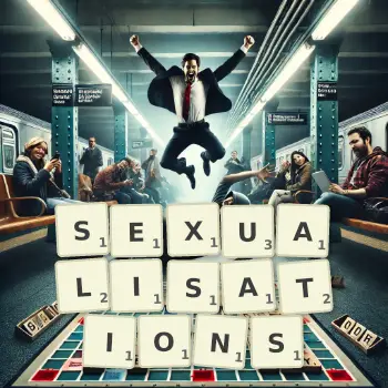Creative illustration for a Scrabble game with the word SEXUALISATIONS spelled out in tiles on the board.
