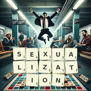 Creative illustration for a Scrabble game with the word SEXUALIZATION spelled out in tiles on the board.