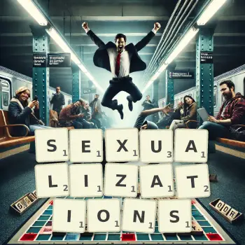 Creative illustration for a Scrabble game with the word SEXUALIZATIONS spelled out in tiles on the board.