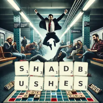 Creative illustration for a Scrabble game with the word SHADBUSHES spelled out in tiles on the board.