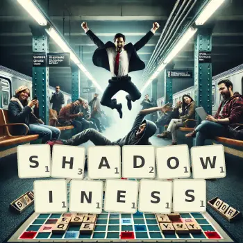 Creative illustration for a Scrabble game with the word SHADOWINESS spelled out in tiles on the board.