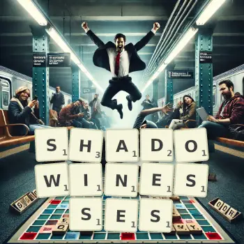 Creative illustration for a Scrabble game with the word SHADOWINESSES spelled out in tiles on the board.