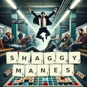 Creative illustration for a Scrabble game with the word SHAGGYMANES spelled out in tiles on the board.