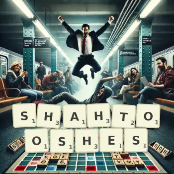 Creative illustration for a Scrabble game with the word SHAHTOOSHES spelled out in tiles on the board.