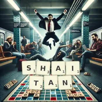 Creative illustration for a Scrabble game with the word SHAITAN spelled out in tiles on the board.