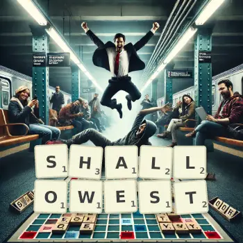 Creative illustration for a Scrabble game with the word SHALLOWEST spelled out in tiles on the board.