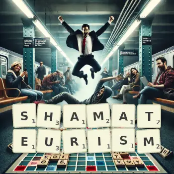 Creative illustration for a Scrabble game with the word SHAMATEURISM spelled out in tiles on the board.