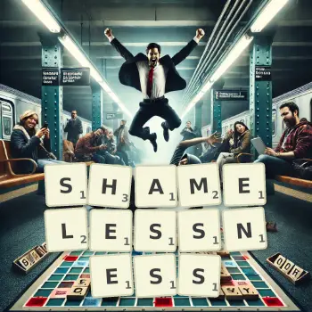 Creative illustration for a Scrabble game with the word SHAMELESSNESS spelled out in tiles on the board.