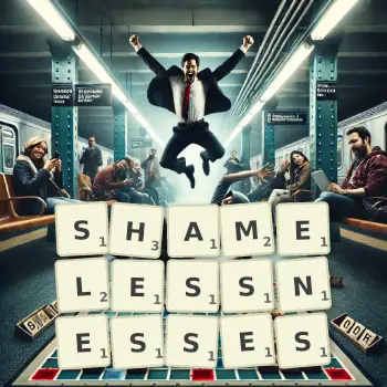 Creative illustration for a Scrabble game with the word SHAMELESSNESSES spelled out in tiles on the board.