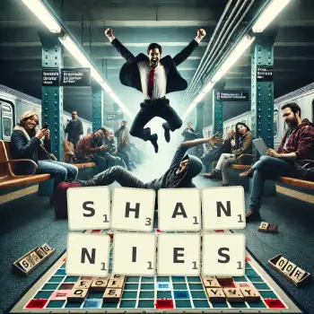 Creative illustration for a Scrabble game with the word SHANNIES spelled out in tiles on the board.