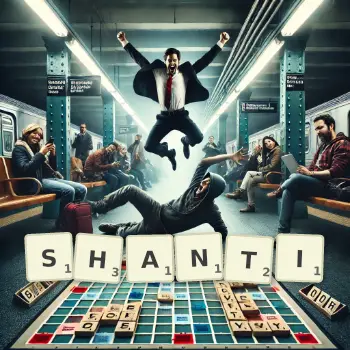 Creative illustration for a Scrabble game with the word SHANTI spelled out in tiles on the board.