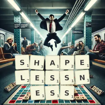 Creative illustration for a Scrabble game with the word SHAPELESSNESS spelled out in tiles on the board.