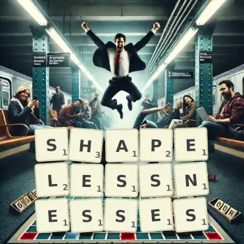 Creative illustration for a Scrabble game with the word SHAPELESSNESSES spelled out in tiles on the board.