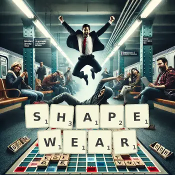 Creative illustration for a Scrabble game with the word SHAPEWEAR spelled out in tiles on the board.