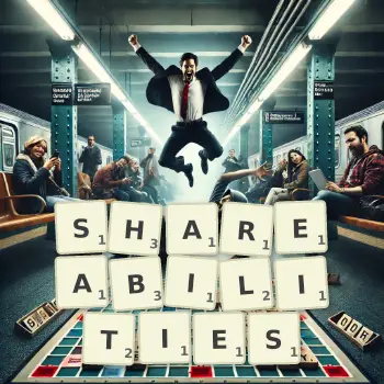 Creative illustration for a Scrabble game with the word SHAREABILITIES spelled out in tiles on the board.