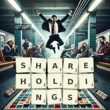 Creative illustration for a Scrabble game with the word SHAREHOLDINGS spelled out in tiles on the board.
