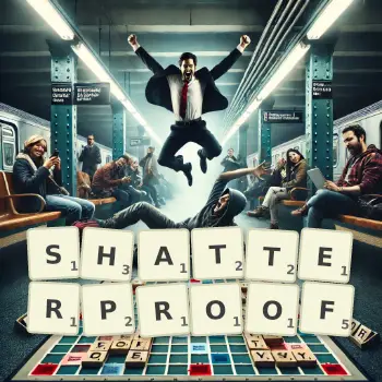 Creative illustration for a Scrabble game with the word SHATTERPROOF spelled out in tiles on the board.