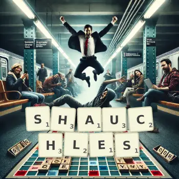 Creative illustration for a Scrabble game with the word SHAUCHLES spelled out in tiles on the board.