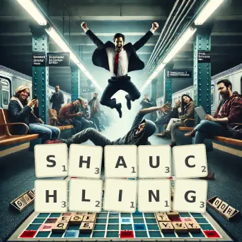 Creative illustration for a Scrabble game with the word SHAUCHLING spelled out in tiles on the board.