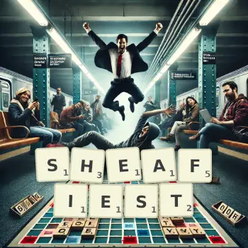 Creative illustration for a Scrabble game with the word SHEAFIEST spelled out in tiles on the board.