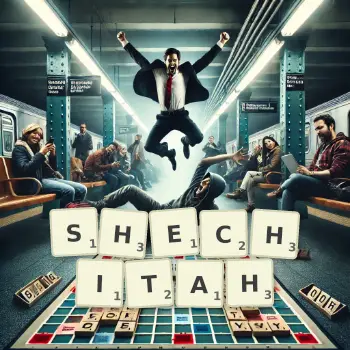 Creative illustration for a Scrabble game with the word SHECHITAH spelled out in tiles on the board.