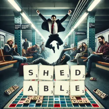 Creative illustration for a Scrabble game with the word SHEDABLE spelled out in tiles on the board.