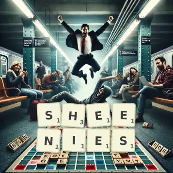 Creative illustration for a Scrabble game with the word SHEENIES spelled out in tiles on the board.