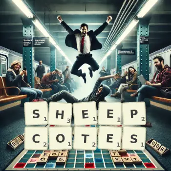 Creative illustration for a Scrabble game with the word SHEEPCOTES spelled out in tiles on the board.