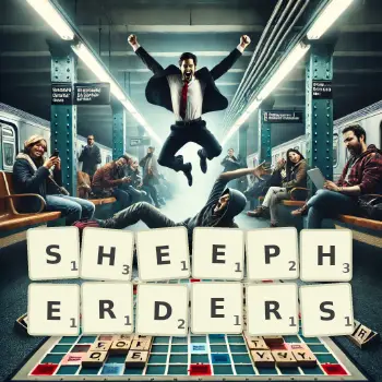 Creative illustration for a Scrabble game with the word SHEEPHERDERS spelled out in tiles on the board.