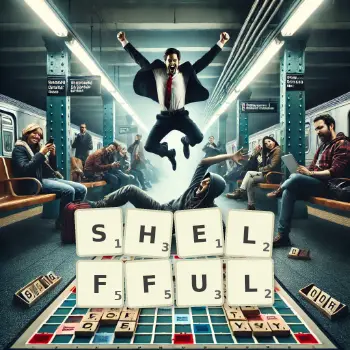 Creative illustration for a Scrabble game with the word SHELFFUL spelled out in tiles on the board.