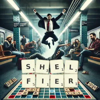 Creative illustration for a Scrabble game with the word SHELFIER spelled out in tiles on the board.