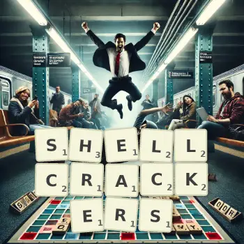 Creative illustration for a Scrabble game with the word SHELLCRACKERS spelled out in tiles on the board.