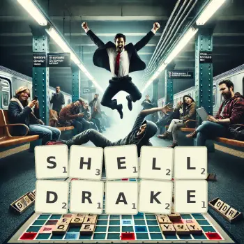 Creative illustration for a Scrabble game with the word SHELLDRAKE spelled out in tiles on the board.