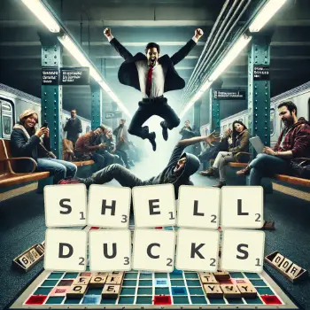 Creative illustration for a Scrabble game with the word SHELLDUCKS spelled out in tiles on the board.
