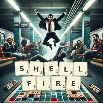Creative illustration for a Scrabble game with the word SHELLFIRE spelled out in tiles on the board.