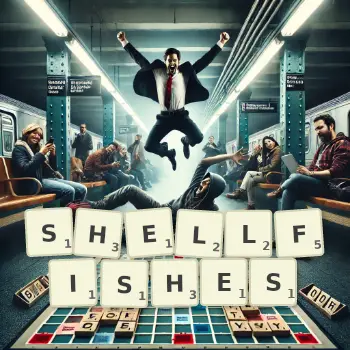 Creative illustration for a Scrabble game with the word SHELLFISHES spelled out in tiles on the board.