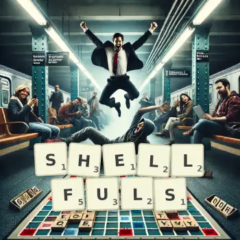 Creative illustration for a Scrabble game with the word SHELLFULS spelled out in tiles on the board.