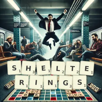 Creative illustration for a Scrabble game with the word SHELTERINGS spelled out in tiles on the board.