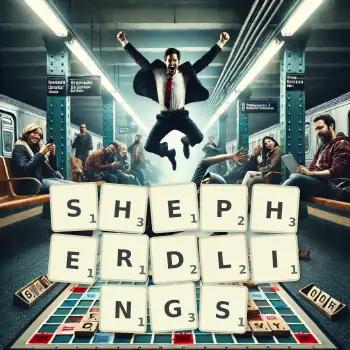 Creative illustration for a Scrabble game with the word SHEPHERDLINGS spelled out in tiles on the board.