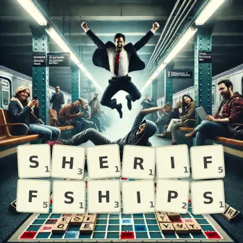 Creative illustration for a Scrabble game with the word SHERIFFSHIPS spelled out in tiles on the board.