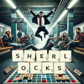 Creative illustration for a Scrabble game with the word SHERLOCKS spelled out in tiles on the board.