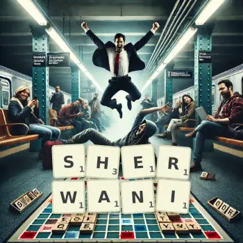 Creative illustration for a Scrabble game with the word SHERWANI spelled out in tiles on the board.