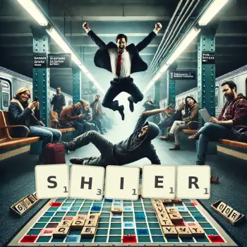 Creative illustration for a Scrabble game with the word SHIER spelled out in tiles on the board.