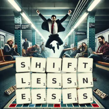 Creative illustration for a Scrabble game with the word SHIFTLESSNESSES spelled out in tiles on the board.