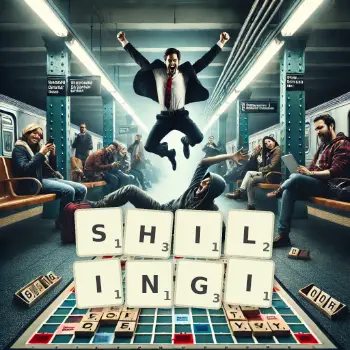 Creative illustration for a Scrabble game with the word SHILINGI spelled out in tiles on the board.