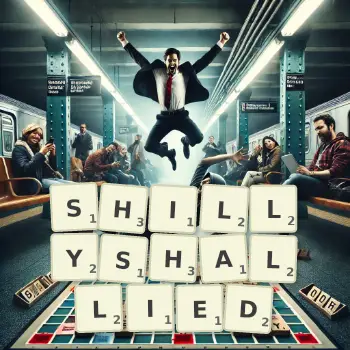 Creative illustration for a Scrabble game with the word SHILLYSHALLIED spelled out in tiles on the board.